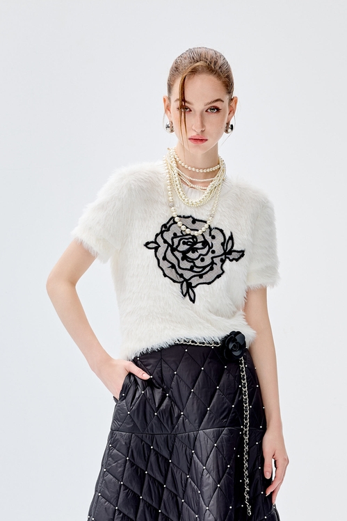 Rose Embroidery Graphic Short Sleeve Top,Short sleeve tops