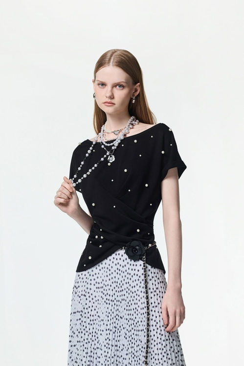 Pearl Applique Short Sleeve Top,Valentine