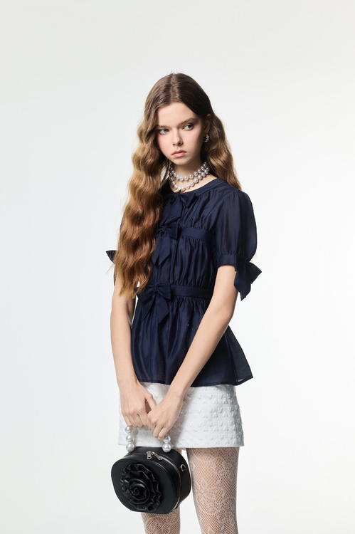 Bow Detail Navy Top,Tops