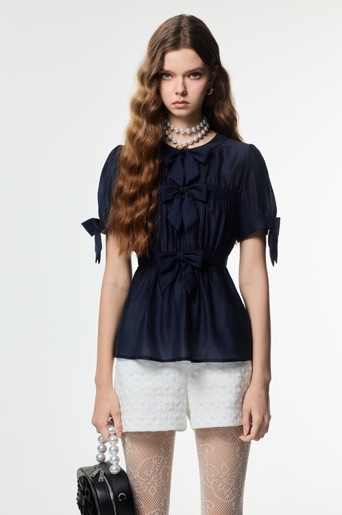 Bow Detail Navy Top,Tops