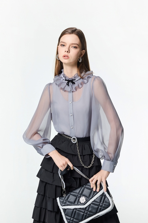 Ruffle Collar Grey Organza Top,Valentine