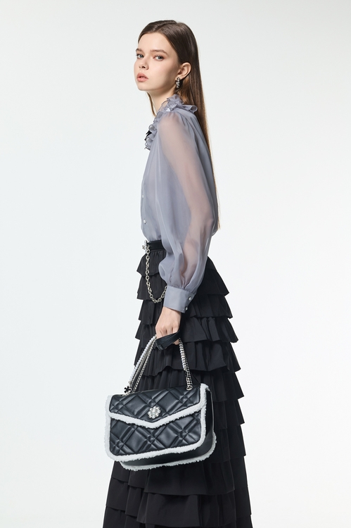 Ruffle Collar Grey Organza Top,Valentine