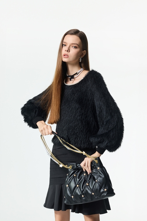 Pearl Detail Faux Fur Top,Valentine