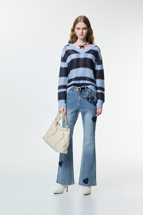 Contrast Stripe V-neck Knit Top,Tops
