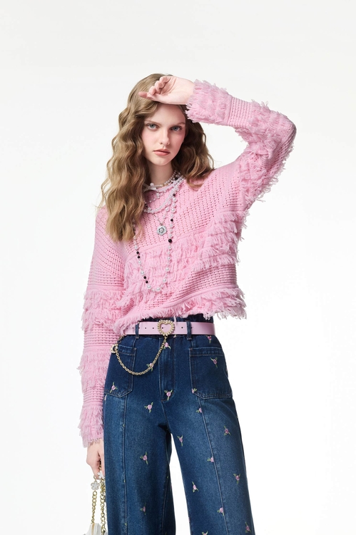 Fringe Detail Pink Knit Top,,Fringe Detail Pink Knit Top,Jackets,Outerwear,Season (AW) Look,Season (AW) Look,Tutu skirts,Tops,Hoodie tops,pearl,Season (AW) Look,Tops,Season (AW) Look,Knitted,Knitted tops