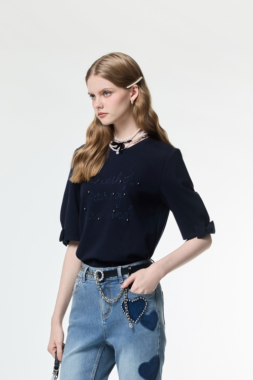 Front Stitch Slogan Navy Tee,Tops