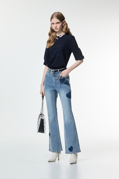 Front Stitch Slogan Navy Tee,Tops