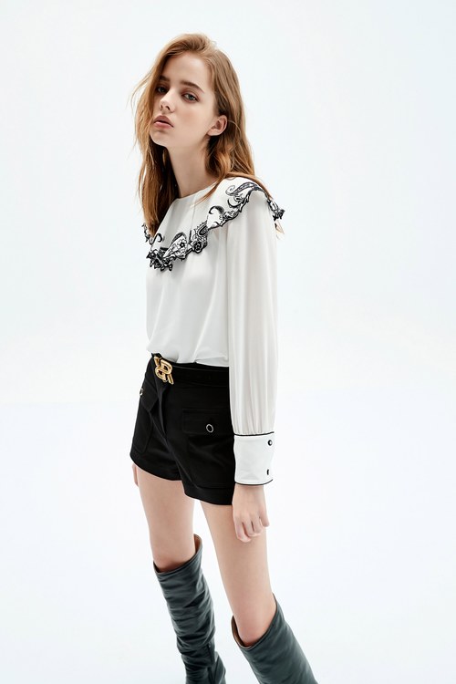 White Bertha Collar Blouse With Cut Out Embroidered Detail,Queen