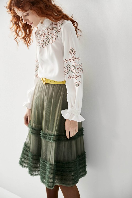 Embroidered Pattern Top With Ruffle Collar,fashionart