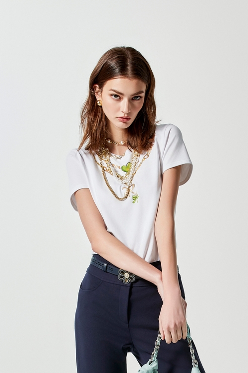 Graphic Print Short Sleeve Tee,Necklaces