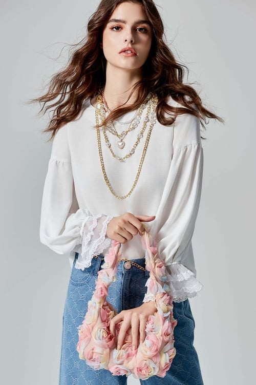 Lace Detail Lantern Sleeve Top,Necklaces