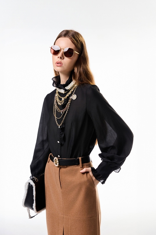 Ruffle With Pearl Detail Blouse,,Ruffle With Pearl Detail Blouse,Jackets,Outerwear,Season (AW) Look,Tops,pearl,Season (AW) Look,black tops