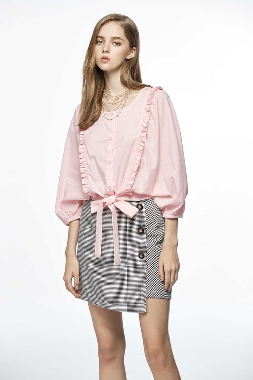 Front Knot Ruffle Trim Top,Pink