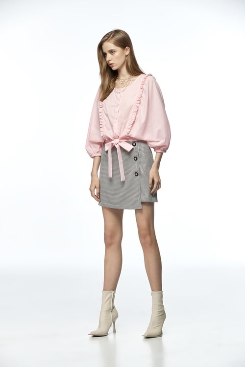 Front Knot Ruffle Trim Top,Pink