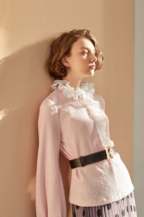 Textured top with ruffle trims,Pink