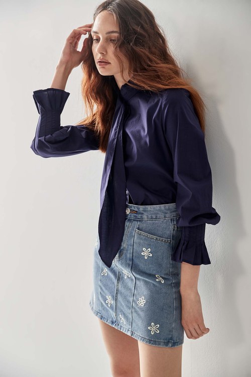 Scarf Collar Navy Blouse,Round neck tops