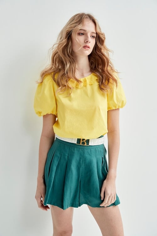 Puff Sleeve Yellow Top With Ruffle Trim Detail,Cropped tops