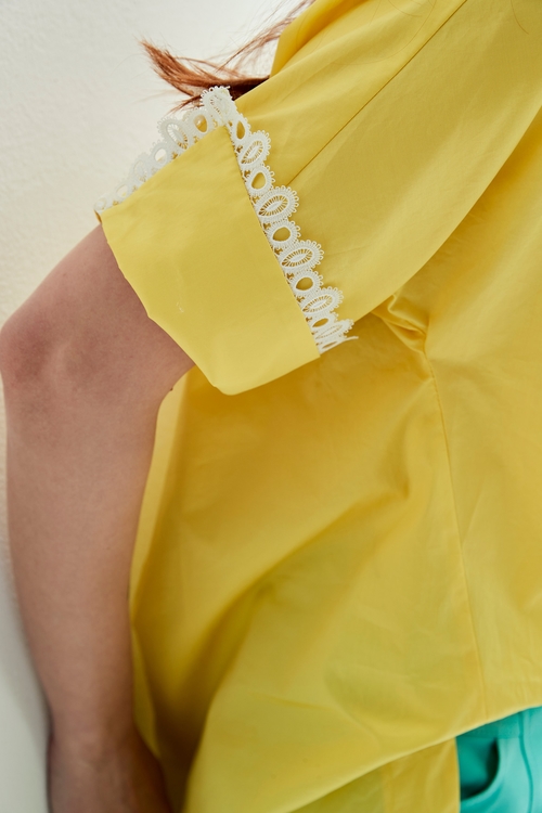 V-Neck Yellow Top With Lace Trim Detail,Long tops