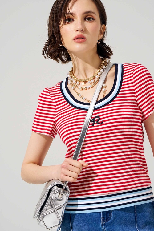 Red White Stripe Short Sleeve Tee,Stripe