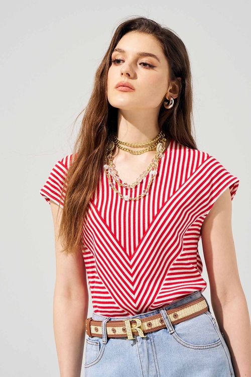 Red White Stripe V-neck Top,Stripe