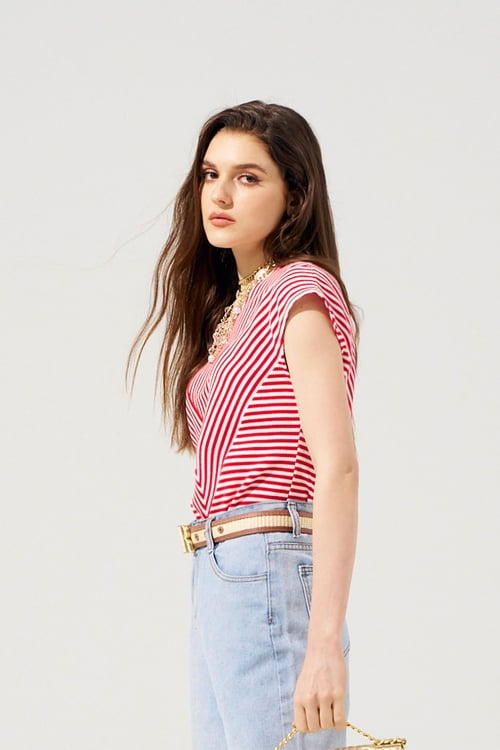 Red White Stripe V-neck Top,Stripe