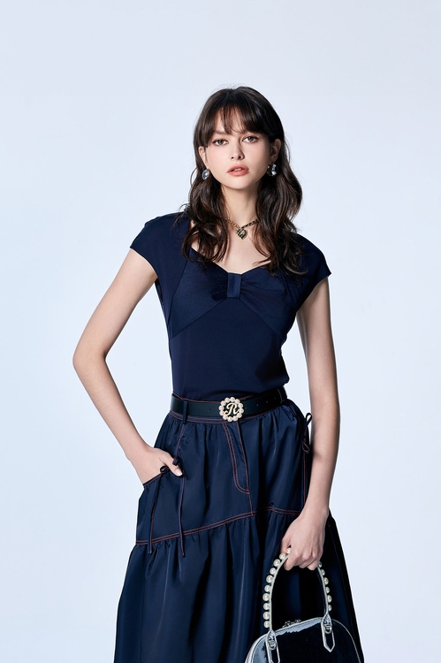 Navy Bow Detail Cap Sleeve Tee,Tops