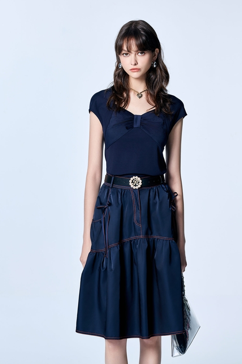 Navy Bow Detail Cap Sleeve Tee,Tops