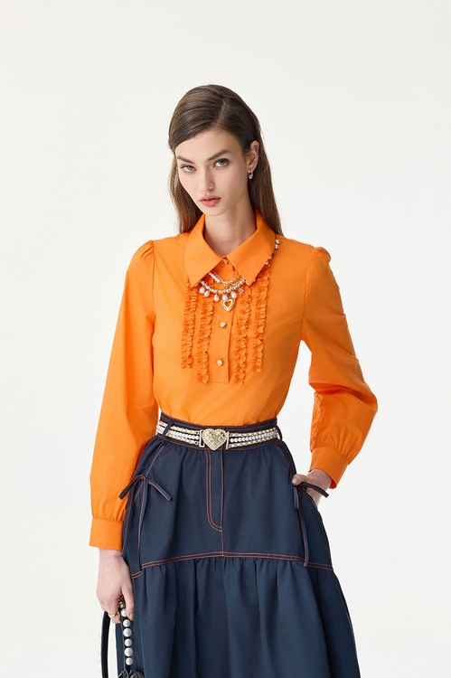 Orange Ruffle Detail Blouse,Tops