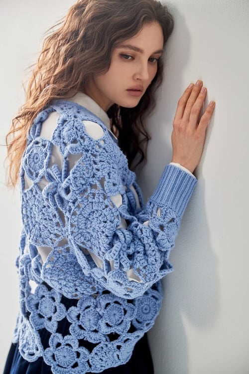 Floral Pattern Hand Knit Long Sleeve Top,Knitted