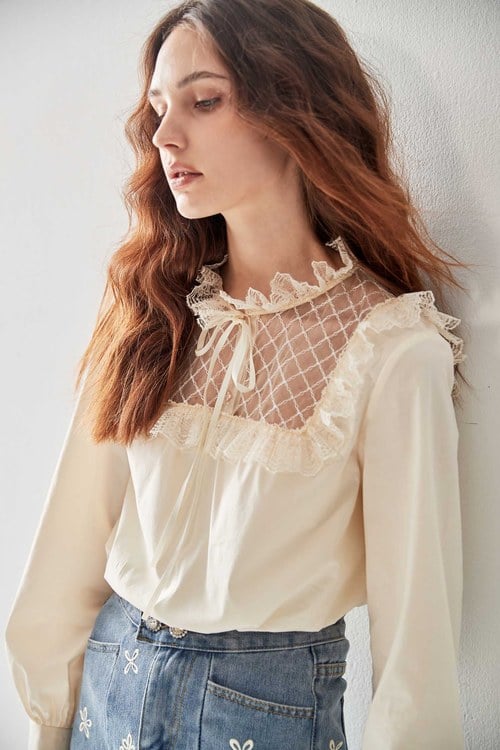 Lace Yoke Long Sleeve Cream Blouse,Mesh fabric