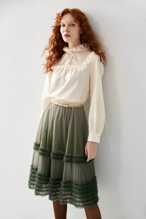 Lace Yoke Long Sleeve Cream Blouse,Embroidered,Embroidered