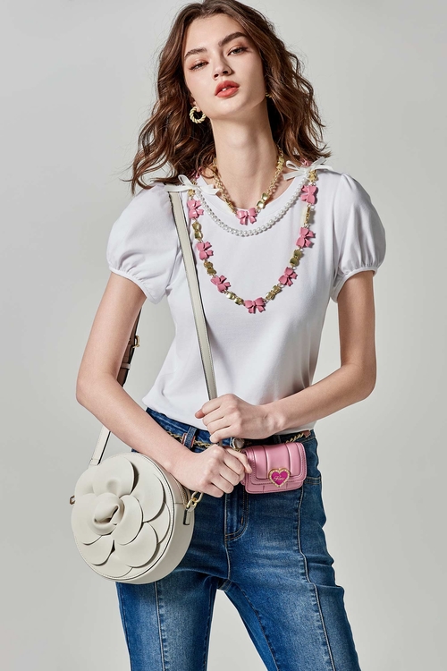 Pearl Applique Tee With Fixed Bow Detail,T-shirts