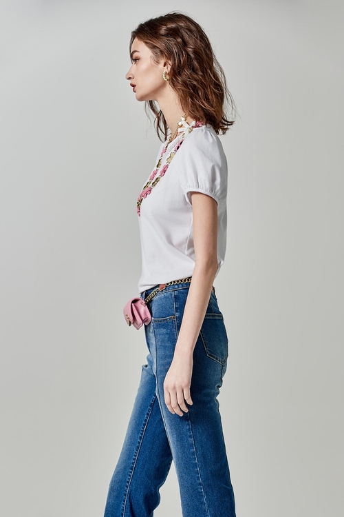 Pearl Applique Tee With Fixed Bow Detail,T-shirts