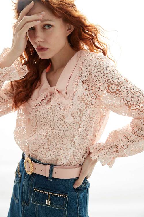 Hollow Out Pink Lace Top,Lace tops,Lace tops