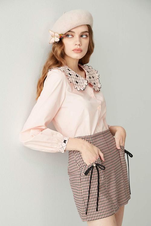 Pink Blouse With Embroidered Detail Peter Pan Collar,Valentine