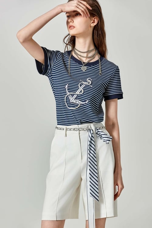 Navy White Stripe Anchor Graphic Tee,Stripe