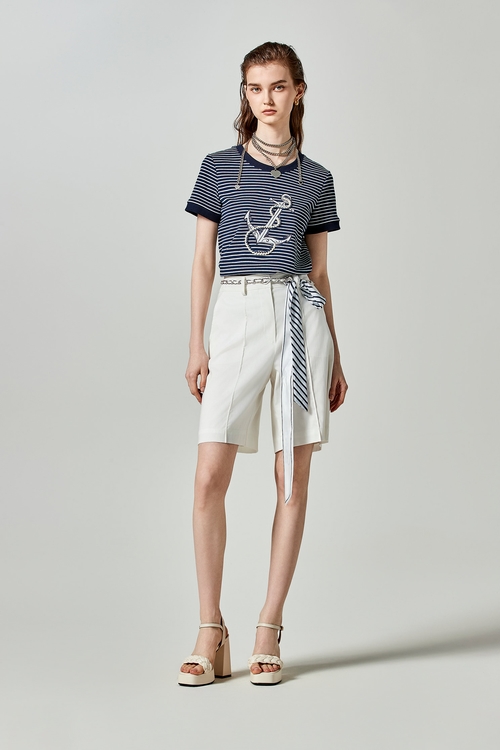 Navy White Stripe Anchor Graphic Tee,Stripe