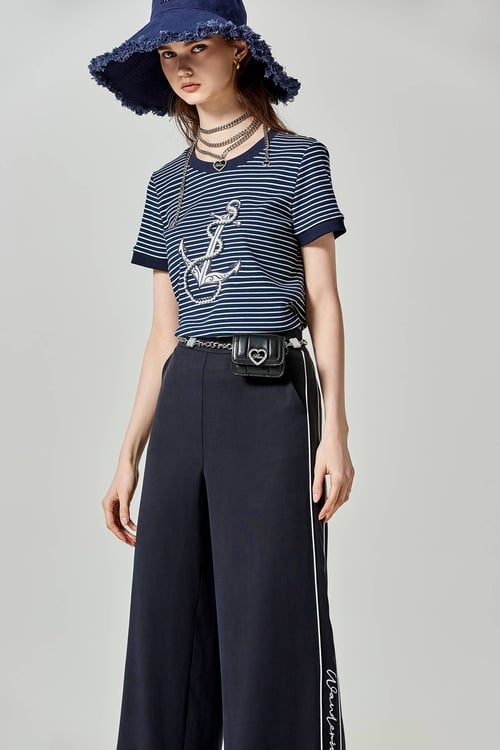 Navy White Stripe Anchor Graphic Tee,Stripe