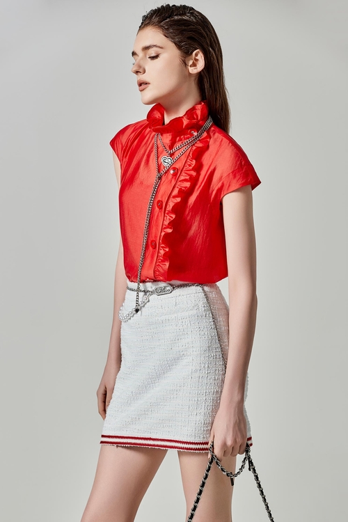 Ruffle Detail Red Top,Blouses