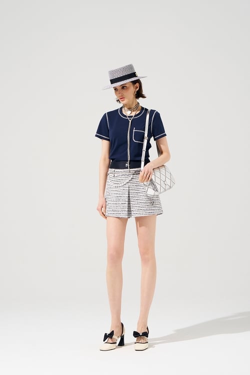 Contrast White Stitching Short Sleeve Navy Top,T-shirts