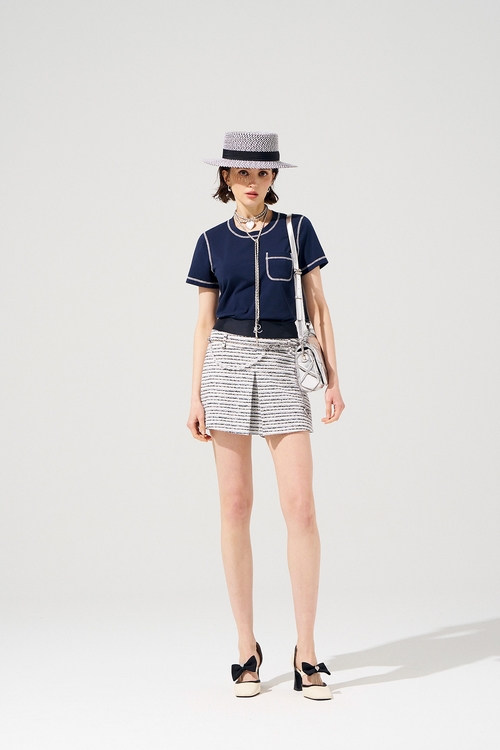 Contrast White Stitching Short Sleeve Navy Top,T-shirts