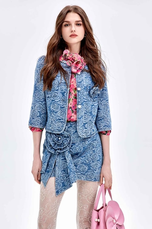 Button Front Rose Print Denim Jacket,bestselling