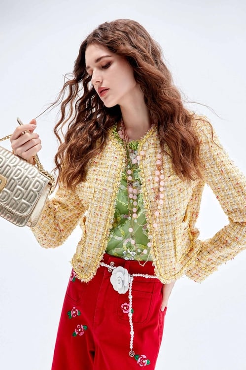 Yellow Tweed Crop Jacket,Jackets