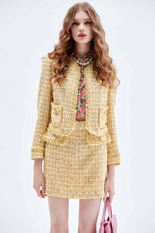 Yellow Tweed Crop Jacket,Jackets