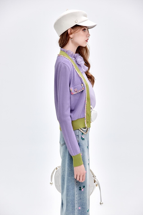 Purple Knit Cardigan With Contrast Green Trim Detail,Knitted