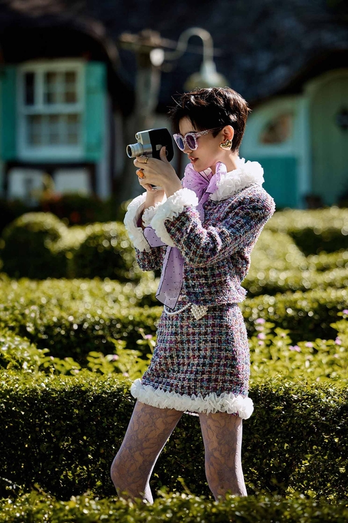 Organza Ruffle Detail Purple Tweed Jacket,Long sleeve outerwear