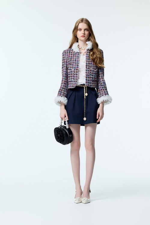 Organza Ruffle Detail Purple Tweed Jacket,Long sleeve outerwear