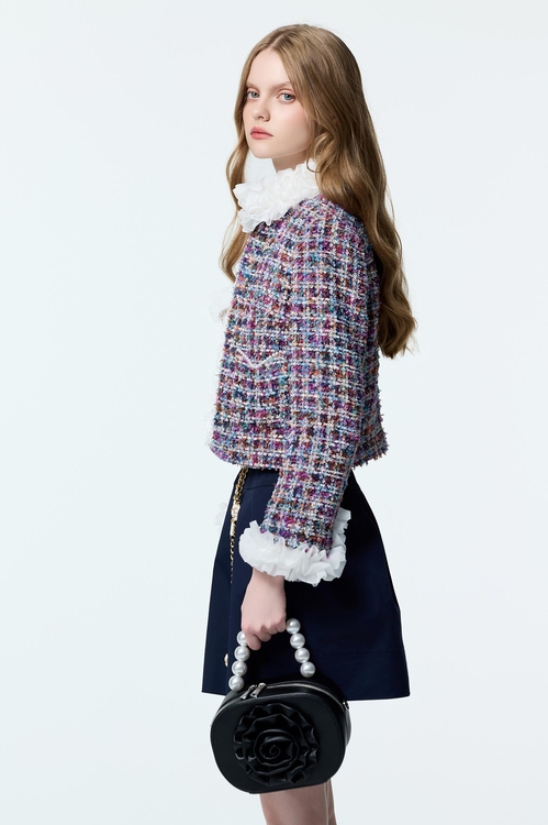 Organza Ruffle Detail Purple Tweed Jacket,Long sleeve outerwear