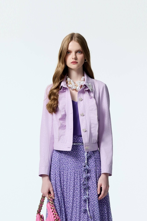 Silver Star Print Denim Jacket With Ruffle Detail,Valentine