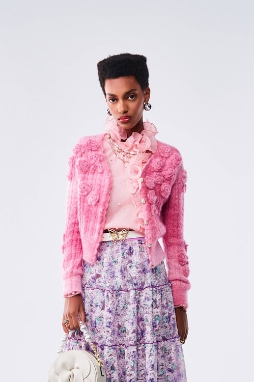 Rose Detail Pink Gradient Knit Jacket,Knitted coats